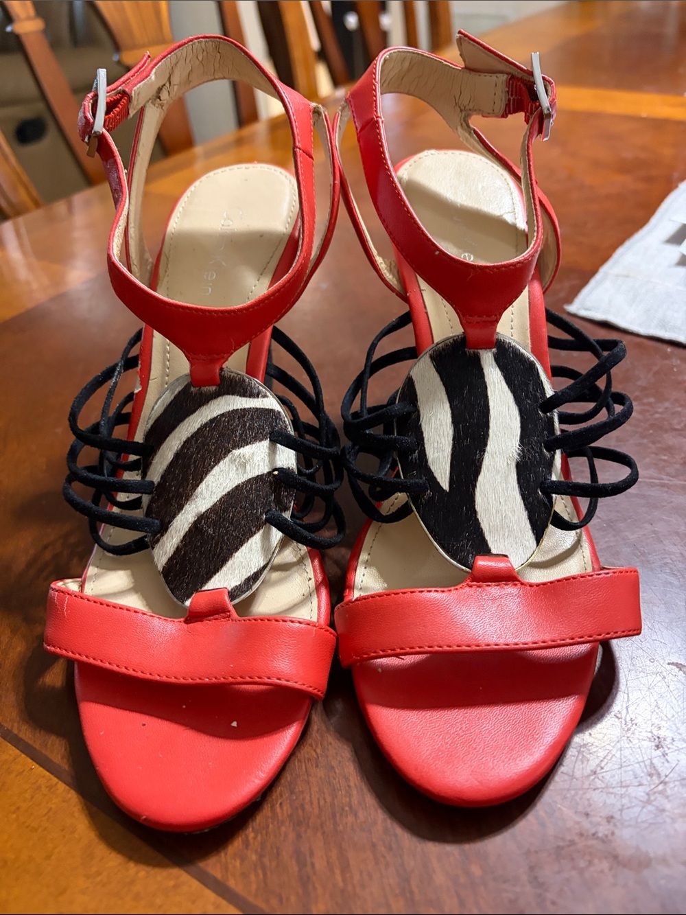 Calvin Klein Red Strappy Heeled Sandals with Zebra Accent